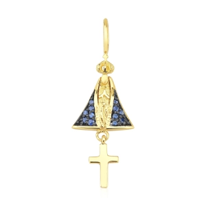 Produto - Pingente de Nossa Senhora Aparecida com Manto Azul em Safira - Ouro 18k - 750