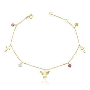Pulseira Feminina de Ouro 18k Cruz, Espirito Santo e Safiras Coloridas Produto - Pulseira Feminina de Ouro 18k Cruz, Espirito Santo e Safiras Coloridas
