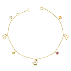 Pulseira Feminina de Ouro 18k Elo Cadeado com Coração e Safiras Coloridas Produto - Pulseira Feminina de Ouro 18k Elo Cadeado com Coração e Safiras Coloridas