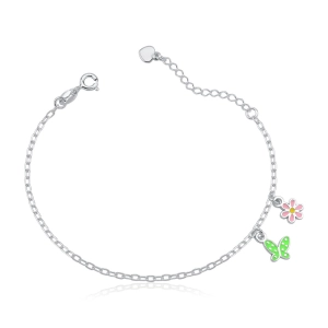 Produto - Pulseira Feminina de Prata 925 Borboleta e Florzinha Resinada