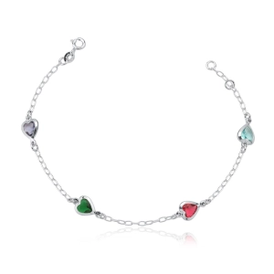 Produto - Pulseira Feminina de Prata 925 Coração Cravejado com Zircônia Colorida