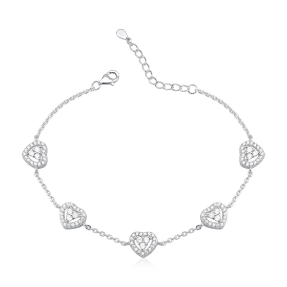 Produto - Pulseira Feminina de Prata 925 Corações Vazados e Cravejado