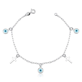 Produto - Pulseira Feminina de Prata 925 Cruz e Olho Grego pendente