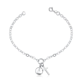 Produto - Pulseira Feminina de Prata 925 Cruz e Placa Nossa Senhora