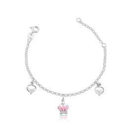Pulseira infantil coroa rosa e coração - prata 925 Produto - Pulseira infantil coroa rosa e coração - prata 925
