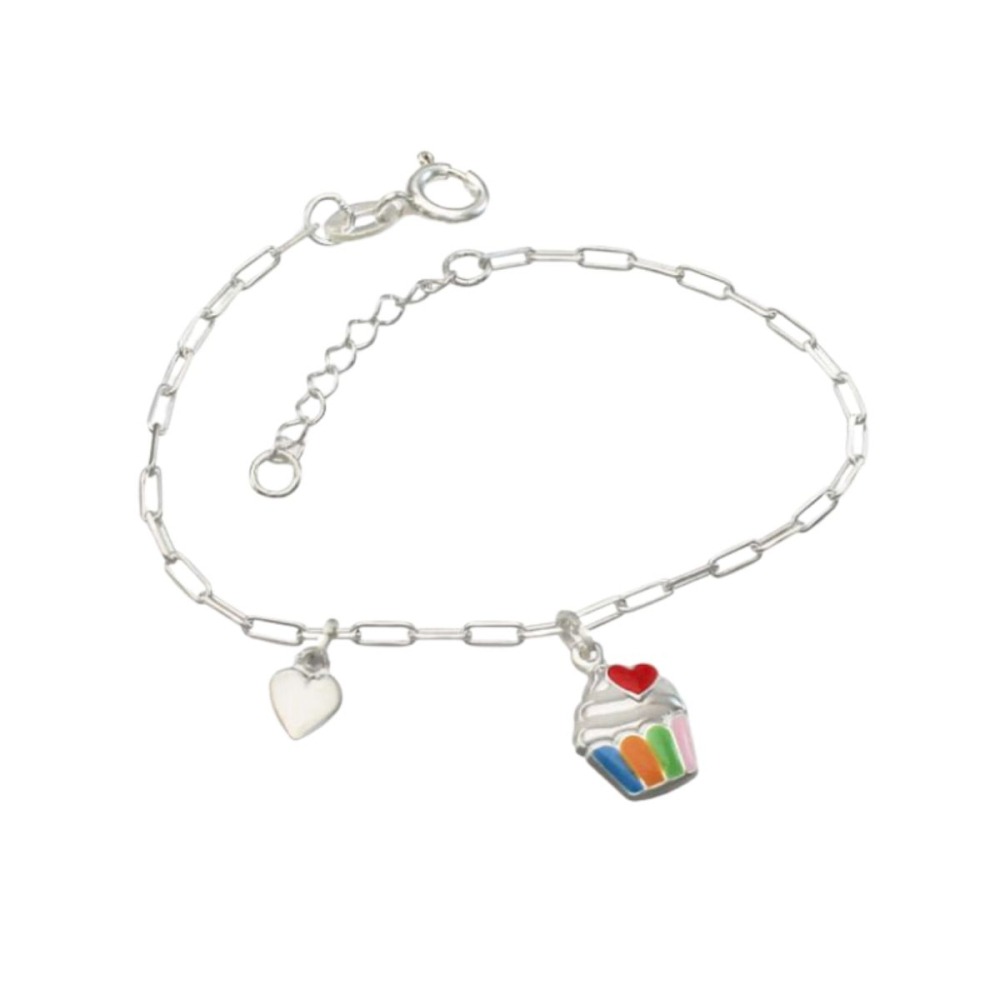 Pulseira Infantil de Prata 925 Cupcake com Coração Produto - Pulseira Infantil de Prata 925 Cupcake com Coração