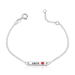 Pulseira infantil plaquinha amor coração resinado vermelho prata 925 Produto - Pulseira infantil plaquinha amor coração resinado vermelho prata 925