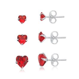 Produto - Kit trio de brincos coração vermelho prata 925