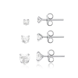 Produto - Trio de brincos zircônia formato de coração - prata 925