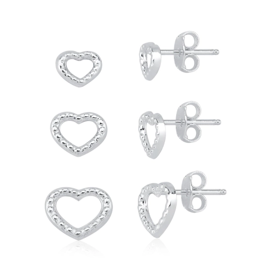 Produto - Trio de Brincos Feminino de Prata 925 Coração Vazado