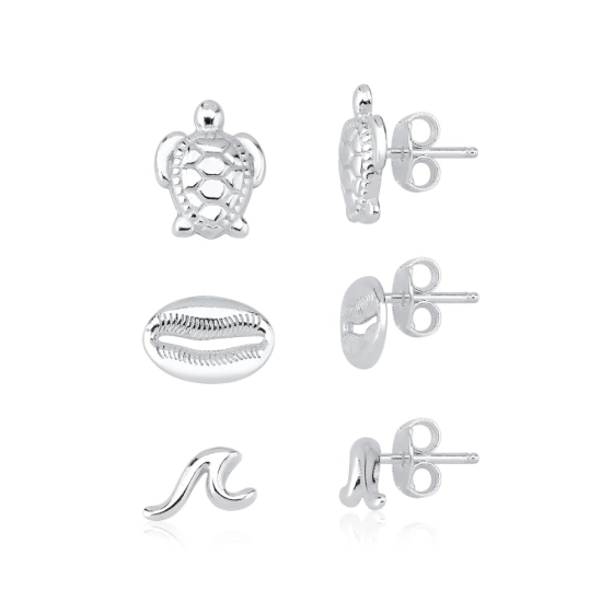 Produto - Trio de Brincos Feminino de Prata 925 Elementos do Mar