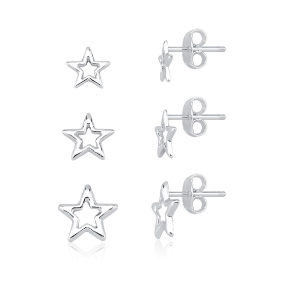 Produto - Trio de Brincos Feminino de Prata 925 Estrela Vazada