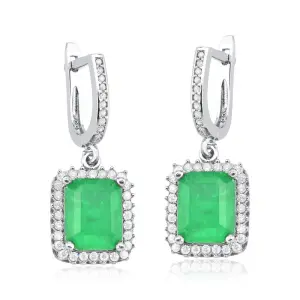  Brinco Feminino de Prata 925 Retangular com zircônia Verde Esmeralda