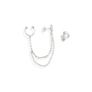 Brinco Feminino de Prata 925 Redondo Diamantado com 1 lado Corrente e Piercing