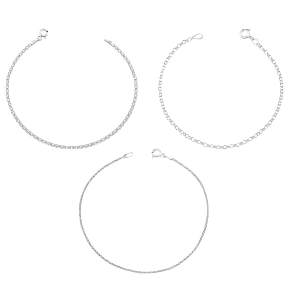 Kit 3 Pulseiras Feminina de Prata 925 Bismark Elo Português e Pipoca Diamantada