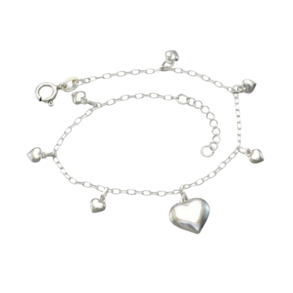 Pulseira Feminina de Prata 925 Coração Liso e Abaulado